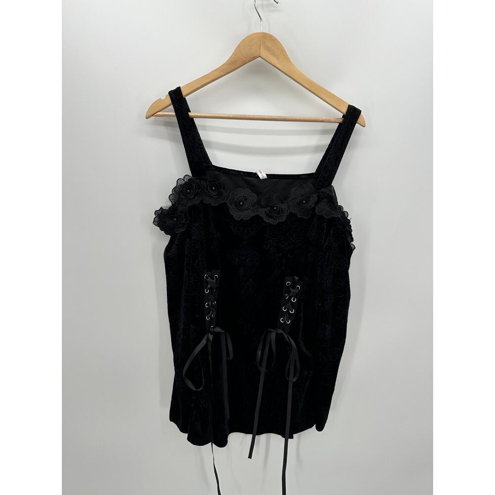 Rosegal Top 2X Black Velour Floral Tie Whimsigoth Renaissance Witch Cosplay